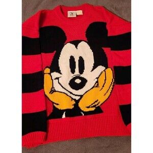 Vtg Mickey & Co Crew Neck Sweater Disney Mickey Mouse Face Red Black Stripe MED